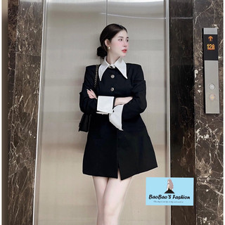 Đầm đen phối cổ sơ mi trắng sang chảnh