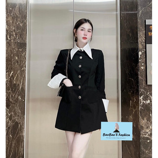 Đầm đen phối cổ sơ mi trắng sang chảnh