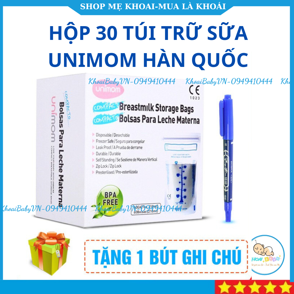 quà tặng là 1 thun cột tóc Hộp 30 Túi trữ sữa Unimom Hàn Quốc 210ml không