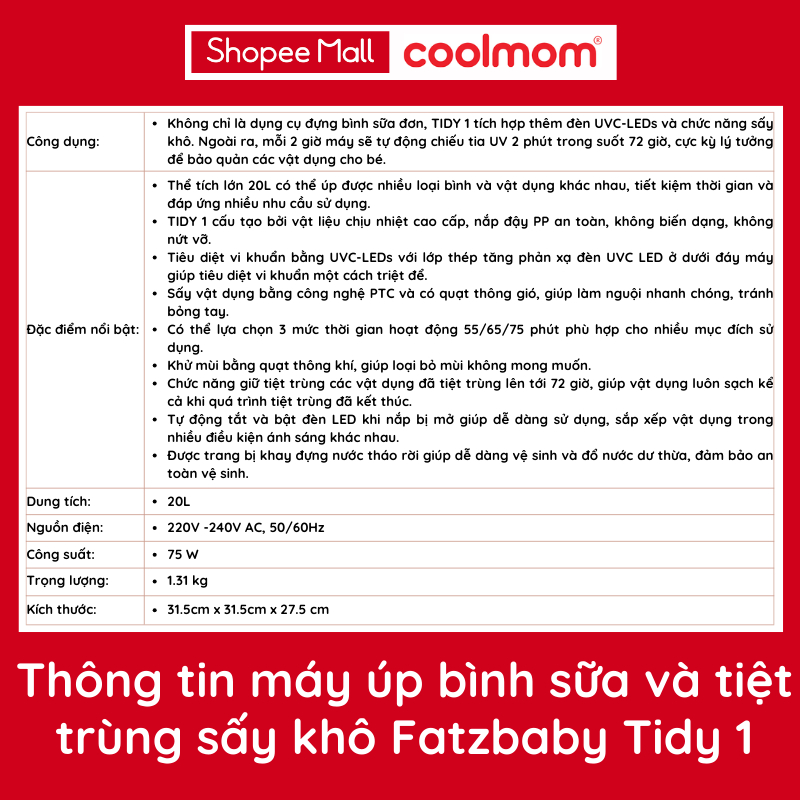 Máy úp bình sữa và tiệt trùng sấy khô FATZBABY UVC TIDY 1 - FB4268WM