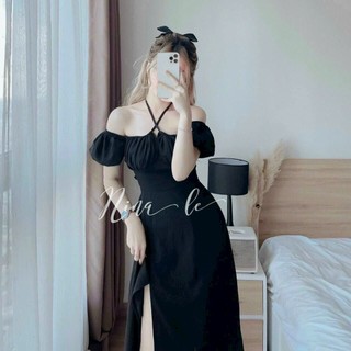 Đâm maxi đi biển áo nhún cổ vuông tay phồng cột dây cổ, đầm xoè xẻ tà dáng dài cổ áo yếm trễ vai mặc 2 kiểu mtb