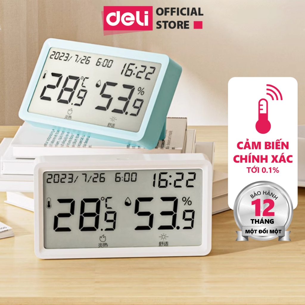 [Tặng pin] Nhiệt ẩm kế nhiệt kế phòng Deli đồng hồ xem giờ có báo thức đo nhiệt độ,độ ẩm phòng ngủ cho bé chính xác