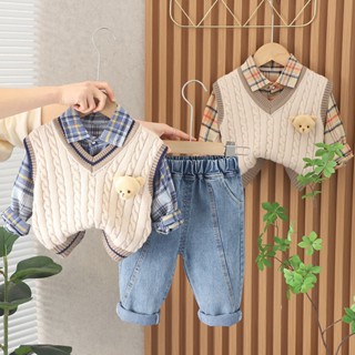 Quần Áo Bé Trai Áo Gile Chất Len Vặn Thừng Phong Cách Hàn Quốc Kèm Áo Sơmi Caro Quần Jean (9-19kg)