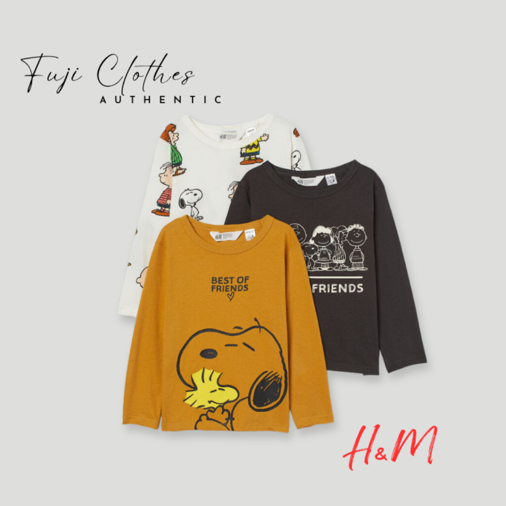 Áo thun bé trai HM Áo thun cotton snoppy 3 màu dài tay chính hãng cho bé 2 tuổi đến 10 tuổi