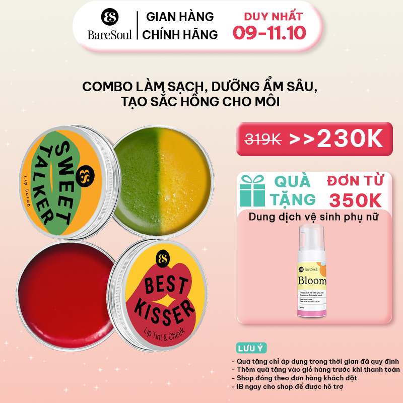 Bộ đôi làm sạch, dưỡng ẩm sâu, tạo sắc hồng cho môi BareSoul Lip Tint & Cheek 10g +  Sweet Talker Lip Scrub 20g