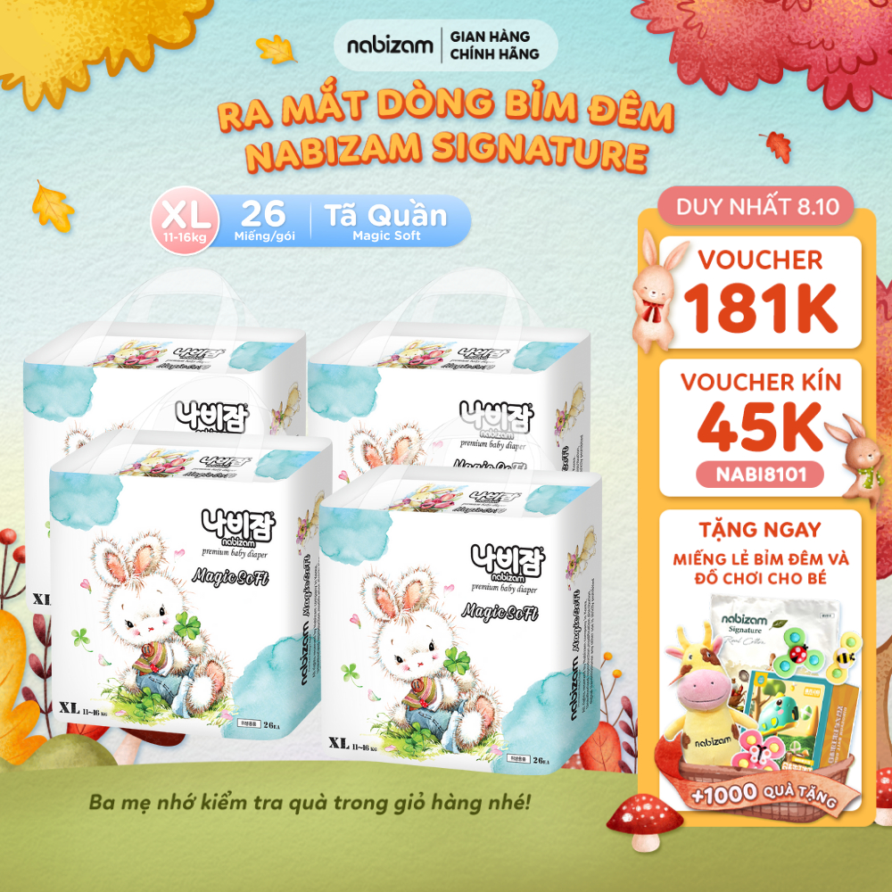 Combo 4 Tã/Bỉm Quần NABIZAM Magic Soft Mềm Mỏng, Rãnh Chống Tràn, Thấm Hút Nhanh Size XL Cho Bé 11-16kg, 26 Miếng/Bịch