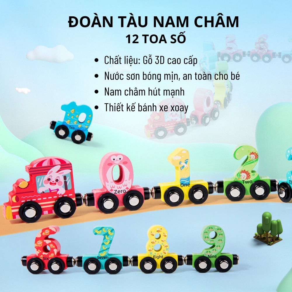 Đồ chơi đoàn tàu nam châm chữ và số với 12 toa bằng gỗ đồ chơi thông minh giáo dục cho bé phát triển tư duy trí tuệ