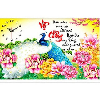 tranh thêu chữ thập đồng hồ vợ chồng 65x42cm/ tranh đính đá vợ chồng kt 70x50 cm