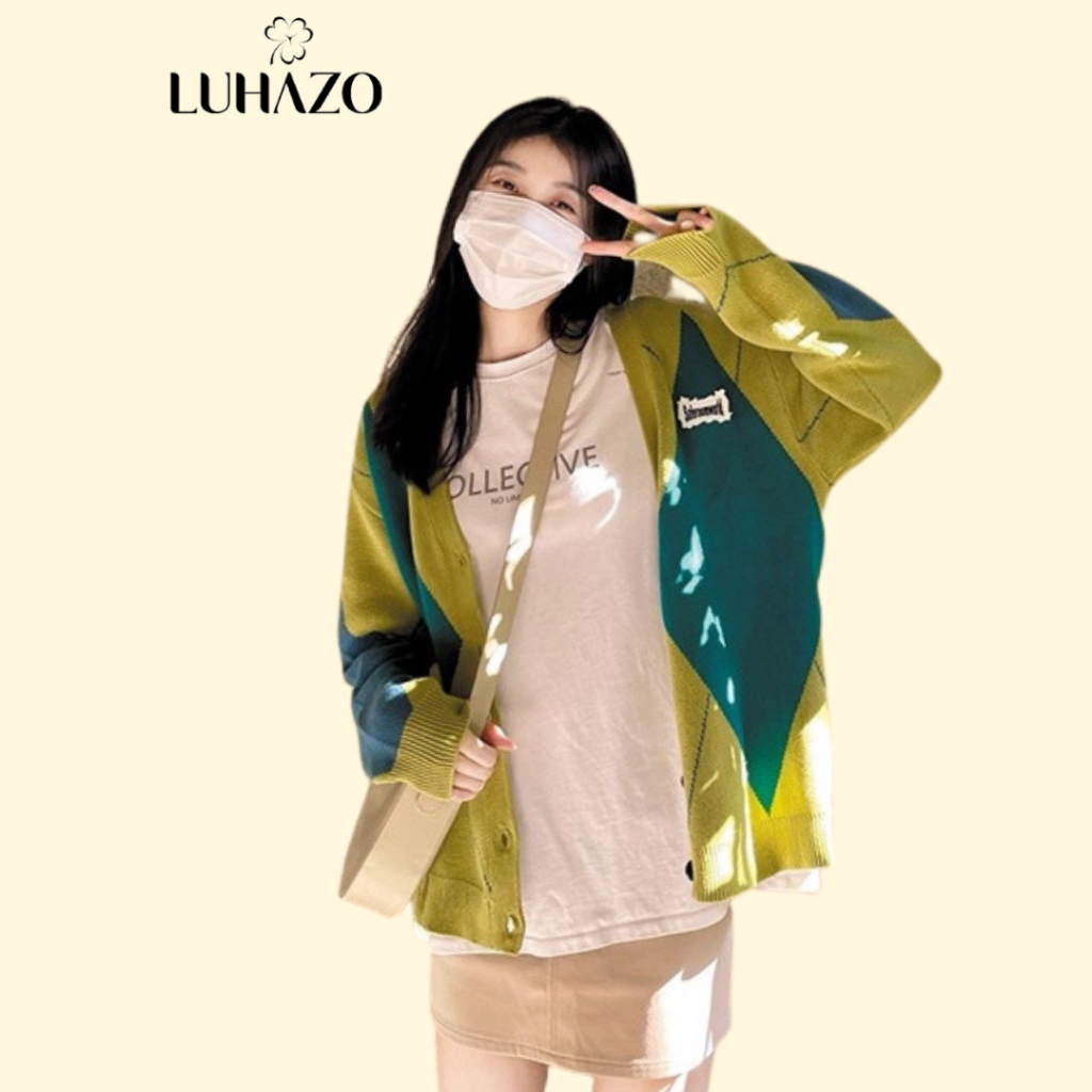 Áo khoác len nữ cardigan dệt kim họa tiết kẻ ô trám độc đáo nổi bật xanh lá dáng rộng LUHAZO kiểu Hàn Quốc Ullzang S-17