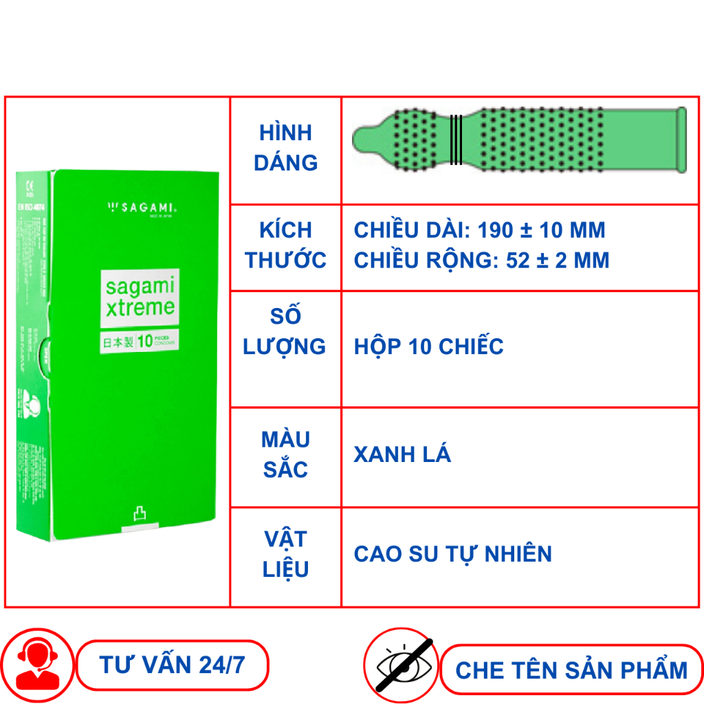 Bao cao su Sagami Green Gân gai Hộp 10 chiếc