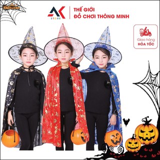 [HALLOWEEN] - Set Áo Choàng Phủ Thủy Kèm Mũ Hóa Trang Halloween Và Giỏ Bí Ngô Đựng Kẹo Cho Bé