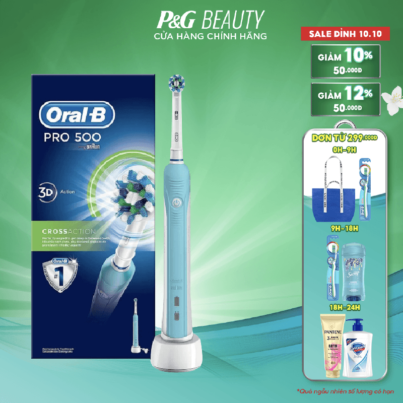 Bàn chải điện Oral-B Pro 500 Cross Action loại bỏ thêm đến 100% mảng bám