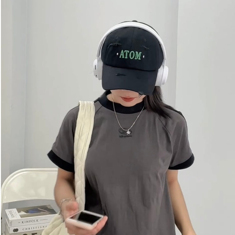 Mũ lưỡi trai LOULI SAIGON thêu chữ ATOM thiết kế rách cá tính, chất vải kaki