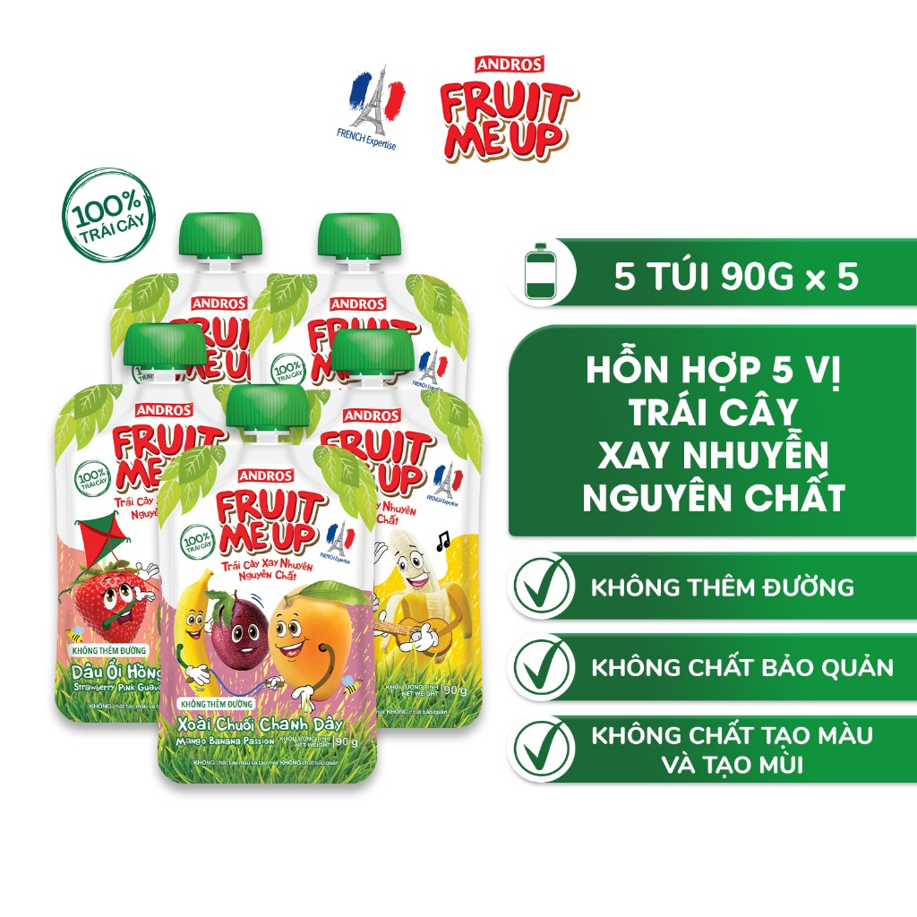 Combo 5 Túi Trái Cây Xay Nhuyễn Hỗn Hợp 5 vị - 100% trái cây thật - ANDROS FRUIT ME UP - 90gx5