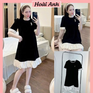 Váy Nhung Nữ Phối Bèo Trắng Kèm Tag Cài Rời Đầm Nhung Midi Phối Trắng Đen Freesize