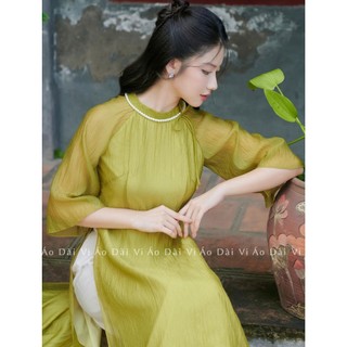 Áo dài cách tân nữ màu xanh bơ Lụa trơn 2 tà thiết kế cổ tròn đính nơ cao cấp