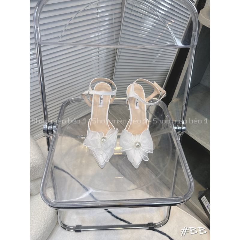 Sandal nơ voan phồng ngang đính hạt đế đúp gót trụ fullbox hàng quảng châu cao cấp