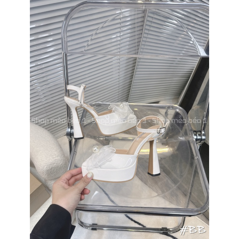 Sandal nơ voan phồng ngang đính hạt đế đúp gót trụ fullbox hàng quảng châu cao cấp