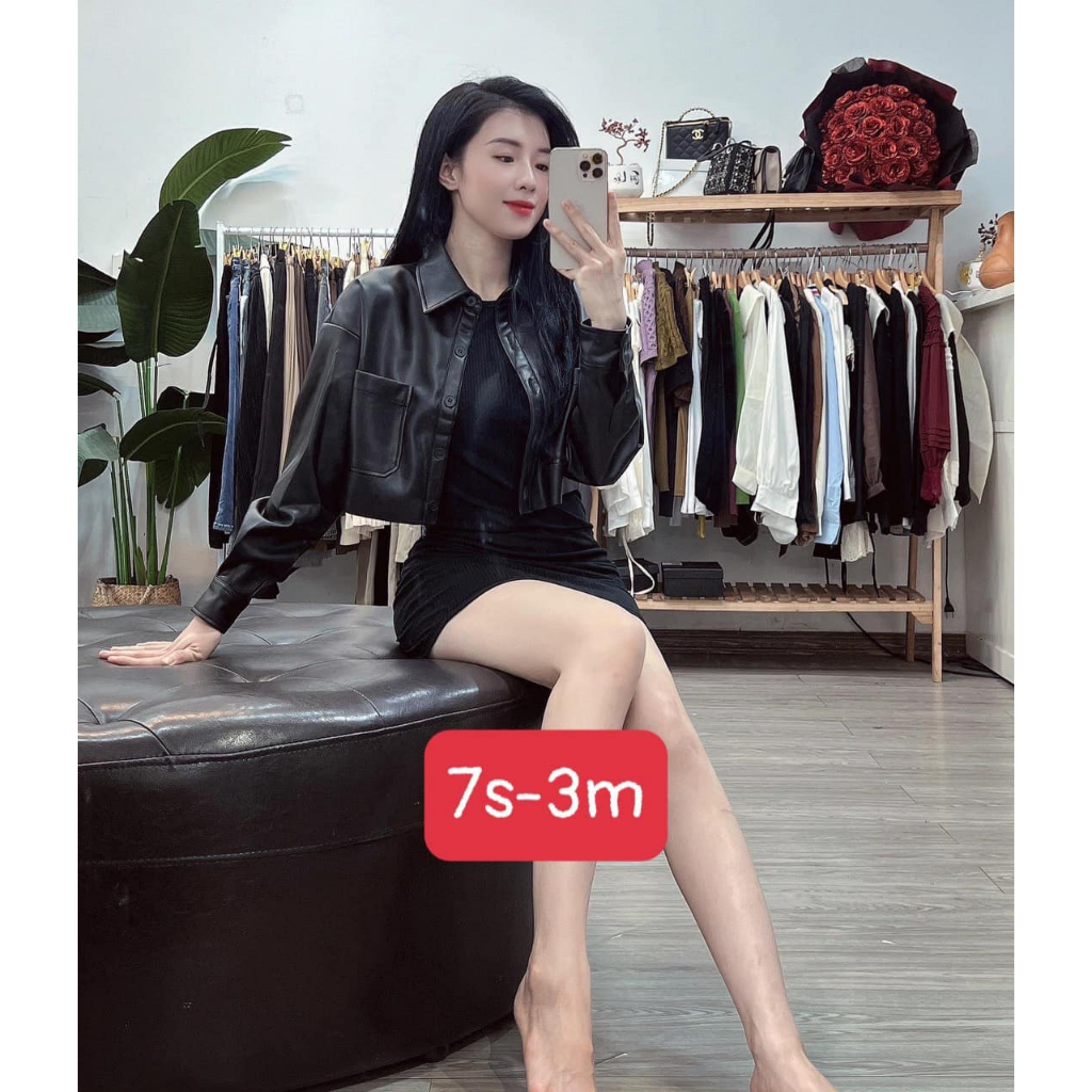 Áo khoác da dáng croptop túi 2 bên dài tay
