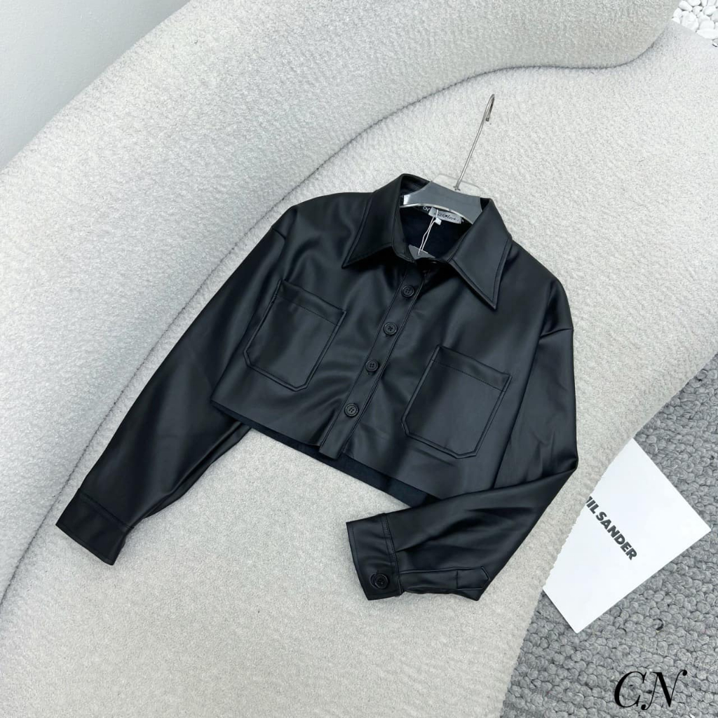 Áo khoác da dáng croptop túi 2 bên dài tay