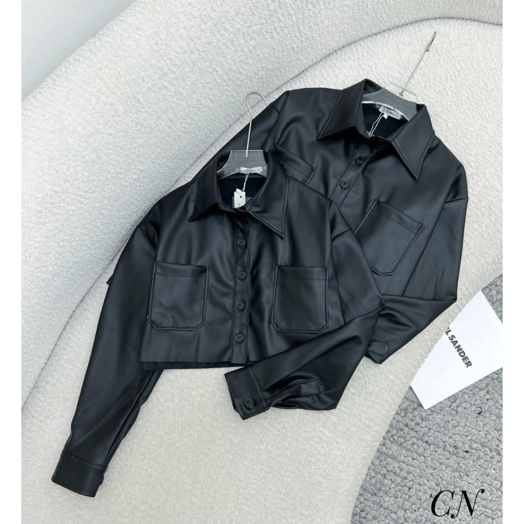Áo khoác da dáng croptop túi 2 bên dài tay