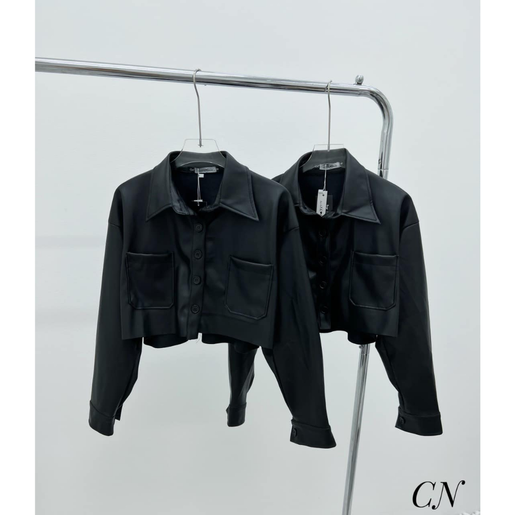 Áo khoác da dáng croptop túi 2 bên dài tay