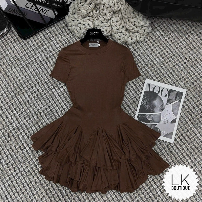 Set áo cổ tròn tùng xòe kèm chân váy xòe gân tăm - Bộ 2 món áo body cổ tròn kèm chân váy