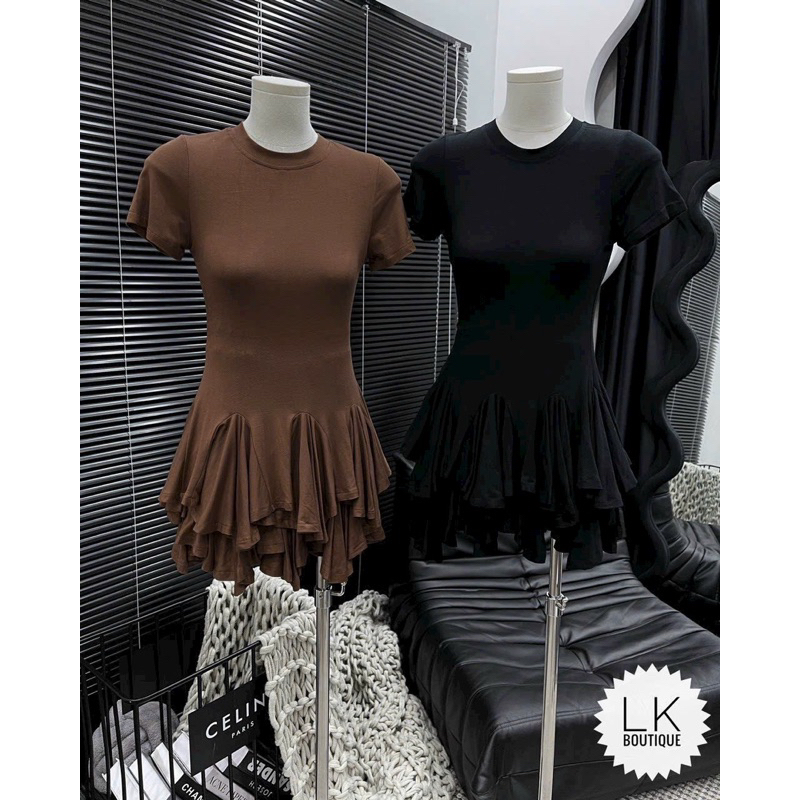 Set áo cổ tròn tùng xòe kèm chân váy xòe gân tăm - Bộ 2 món áo body cổ tròn kèm chân váy