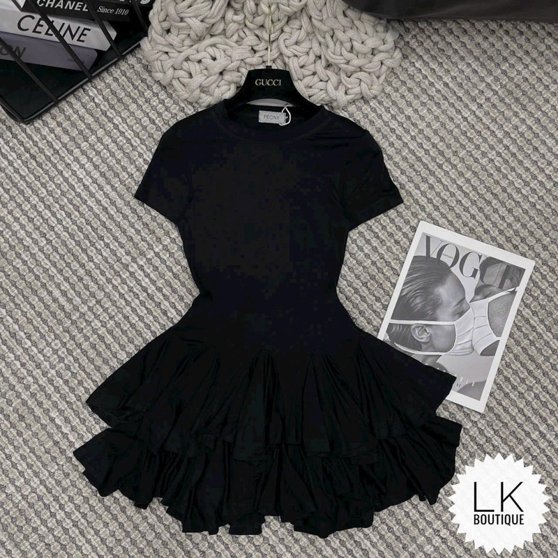 Set áo cổ tròn tùng xòe kèm chân váy xòe gân tăm - Bộ 2 món áo body cổ tròn kèm chân váy