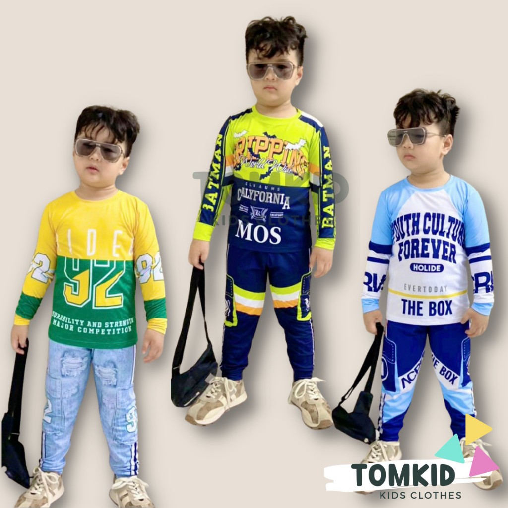 Bộ dài bé trai đồ ngủ thể thao giả jean cho bé chất liệu THUN LẠNH 3D LOẠI 1 10-45KG TomKids