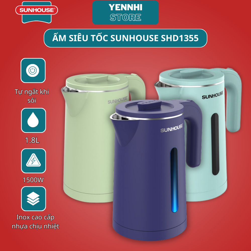 Ấm Siêu Tốc SUNHOUSE SHD1355 - SHD1353 1.8L Inox 2 Lớp Cách Nhiệt,1500W,Tự Động Ngắt Khi Sôi,Đế Tiếp ĐIện Xoay 360 Độ