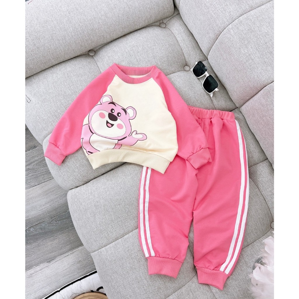 Bộ Nỉ Bông in hình Gấu size đại cho bé gái, Set dài tay bé gái, bộ quần áo dài tay thu đông