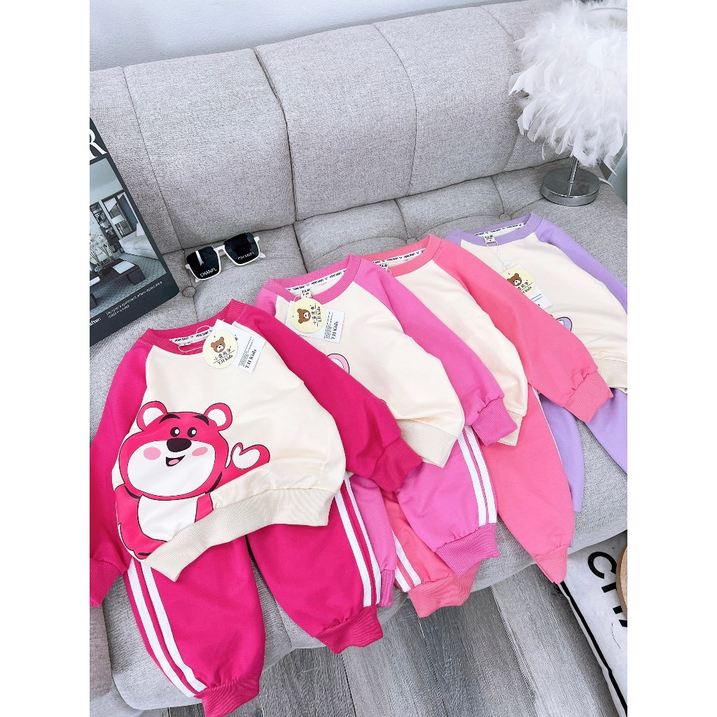 Bộ Nỉ Bông in hình Gấu size đại cho bé gái, Set dài tay bé gái, bộ quần áo dài tay thu đông