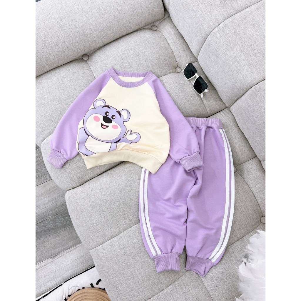 Bộ Nỉ Bông in hình Gấu size đại cho bé gái, Set dài tay bé gái, bộ quần áo dài tay thu đông
