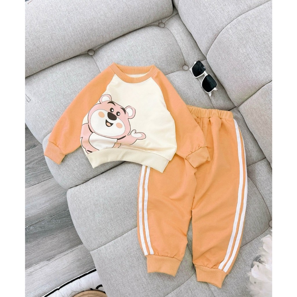 Bộ Nỉ Bông in hình Gấu size đại cho bé gái, Set dài tay bé gái, bộ quần áo dài tay thu đông