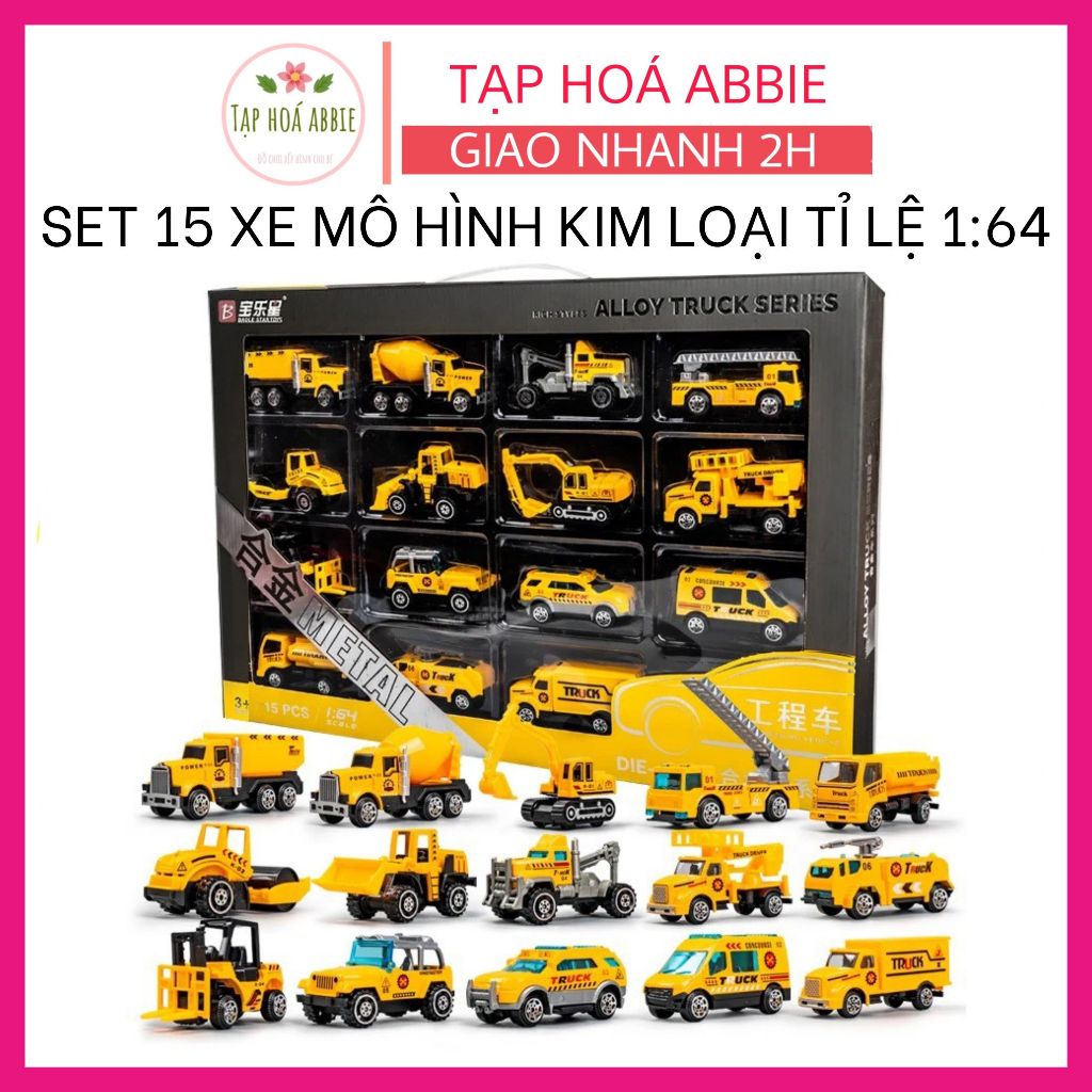 Xe Mô Hình Kim Loại 1:64, Hộp 15 Loại Xe Ô Tô Công Trình, Xe Cứu Hỏa Chất Liệu Hợp Kim Khác Nhau