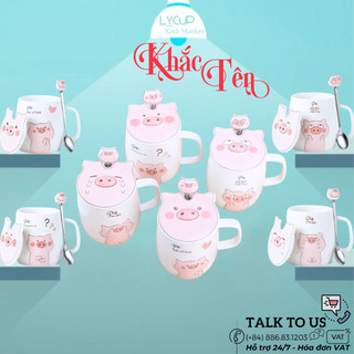 Cốc sứ HEO HAPPY - KHẮC TÊN THEO YÊU CẦU ý nghĩa, ly sứ CÓ NẮP và THÌA, dung tích 500ml, HÔP QUÀ TẶNG in logo, in hình
