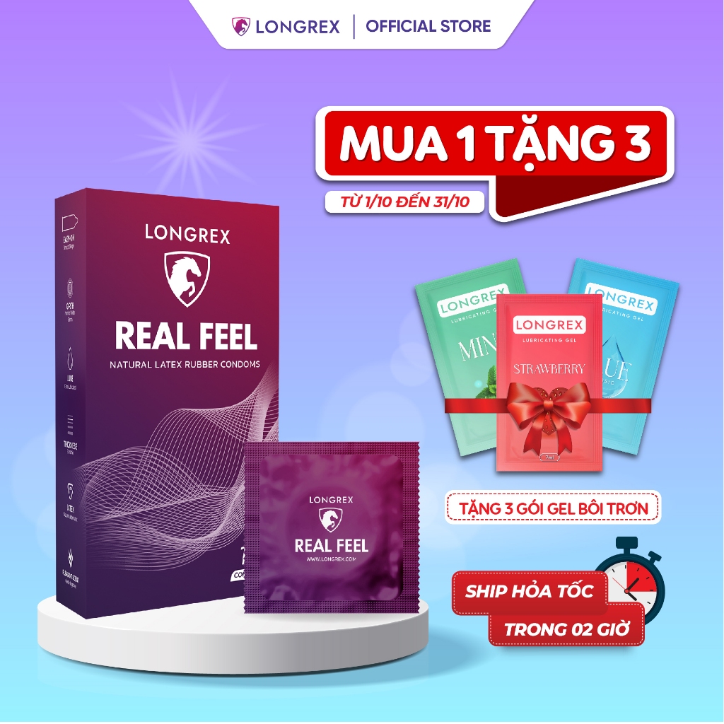 Bao cao su Longrex siêu mỏng Real Feel, nhiều gel bôi trơn, size 52mm, hương bạc hà chất lượng cao cấp hộp 10 bcs LR03