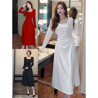 Đầm cổ vuông maxi dài tay eo xoắn tôn dáng KEVA