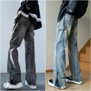 Quần Jean Ống Suông Phối Dây Kéo Chân Unisex Nam Nữ