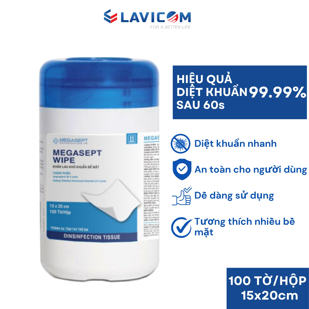 Khăn lau khử khuẩn bề mặt MEGASEPT Wipe hộp 100 tờ 15x20cm
