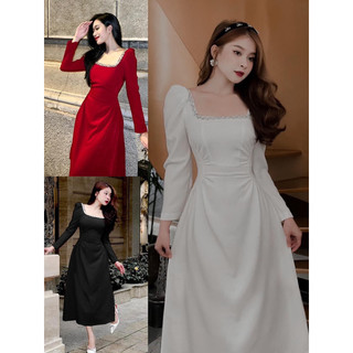 Đầm dự tiệc cổ vuông dáng maxi viền đá