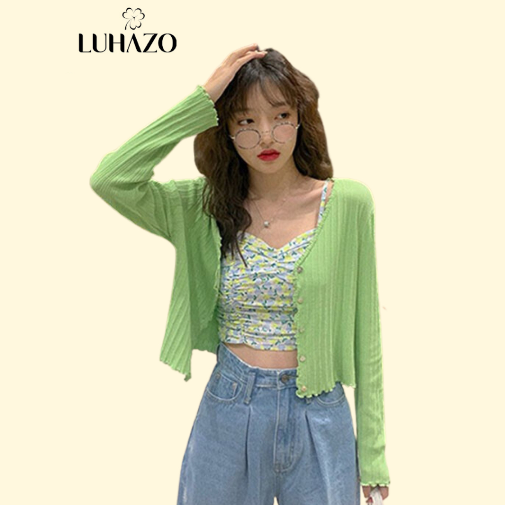 Áo khoác len nữ LUHAZO cardigan dệt kim mỏng ôm dáng croptop bèo nhiều màu thời trang phong cách ullzang H-25
