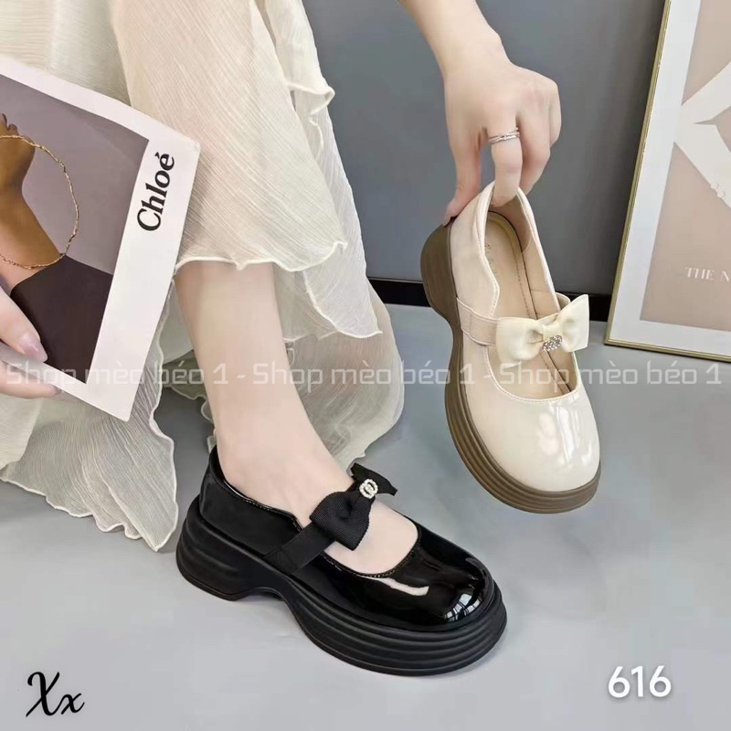 Giày búp bê quai nơ ngang mũi tròn da bóng đế cao fullbox hàng quảng châu cao cấp