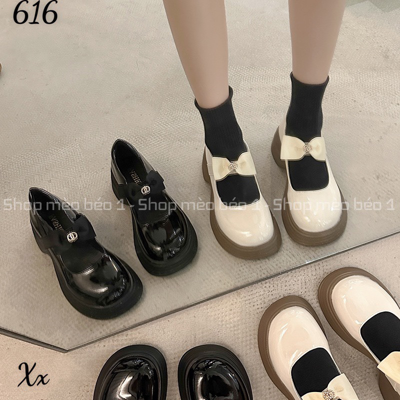 Giày búp bê quai nơ ngang mũi tròn da bóng đế cao fullbox hàng quảng châu cao cấp