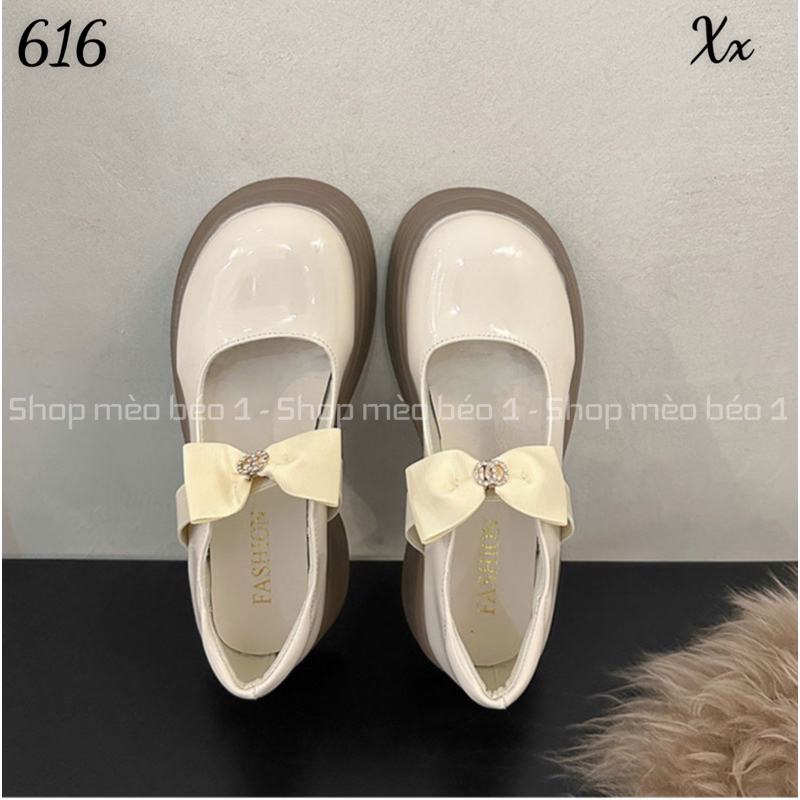 Giày búp bê quai nơ ngang mũi tròn da bóng đế cao fullbox hàng quảng châu cao cấp