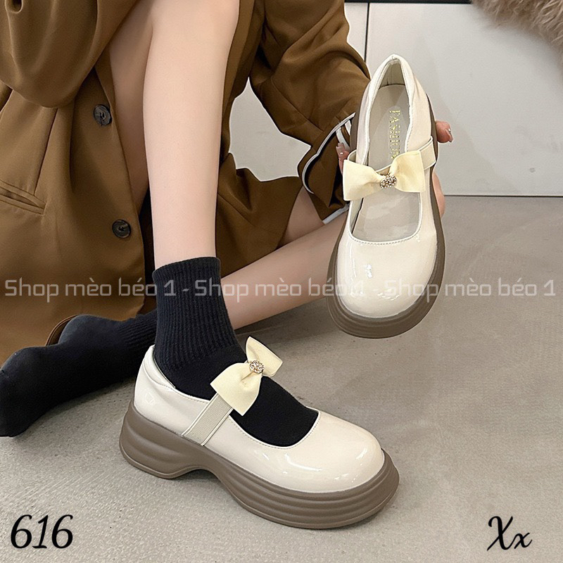 Giày búp bê quai nơ ngang mũi tròn da bóng đế cao fullbox hàng quảng châu cao cấp