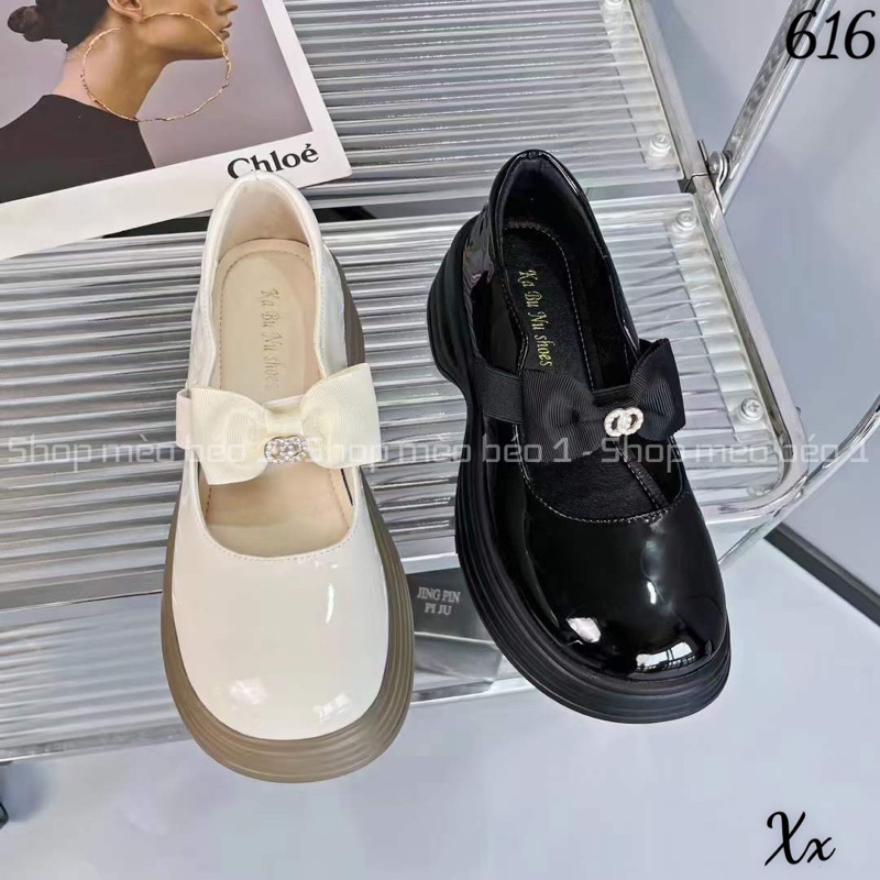 Giày búp bê quai nơ ngang mũi tròn da bóng đế cao fullbox hàng quảng châu cao cấp