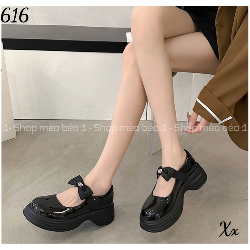 Giày búp bê quai nơ ngang mũi tròn da bóng đế cao fullbox hàng quảng châu cao cấp