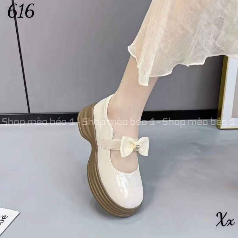 Giày búp bê quai nơ ngang mũi tròn da bóng đế cao fullbox hàng quảng châu cao cấp